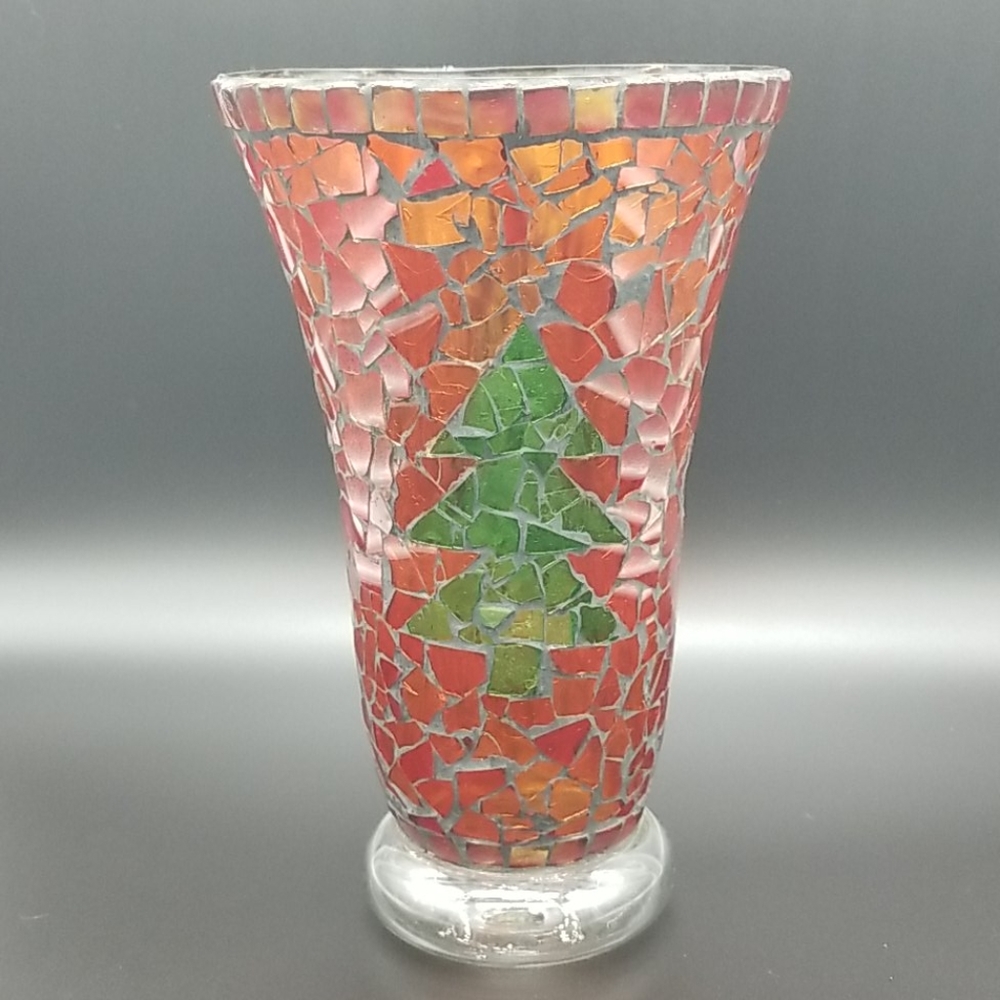 Vintage Red and Green Mosaic Tree Holiday Vase